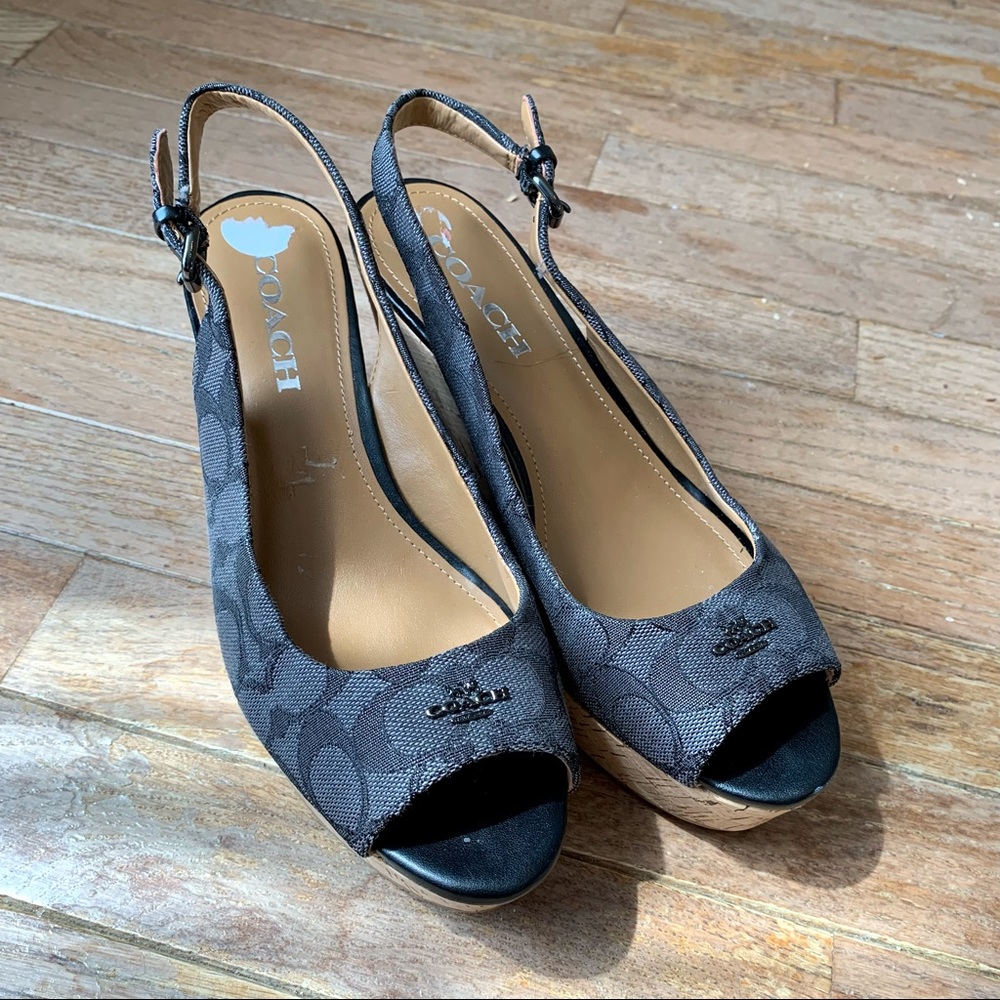 Coach Wedge Ferry Black Gray Signature C Cork Size 7.5